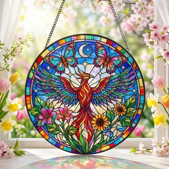 Phoenix Stained Glass Suncatcher: Phoenix Window Hanging Decor, Fiery Bird Lovers Gift