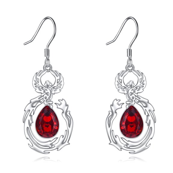 Phoenix Sterling Silver Earrings for Women, Red Zirconia Dangle Earrings for Mother, Unique Jewelry Drop Earrings Gift for Birthdays, Anniversaries, for Her