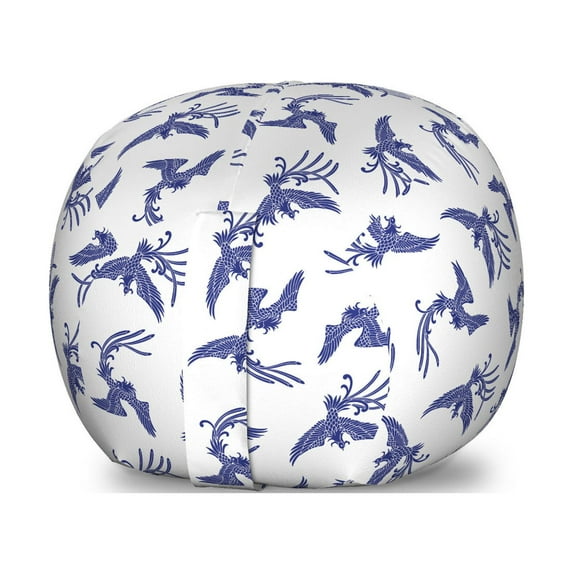Phoenix Storage Toy Bag Chair, Oriental Bird Exotic Rebirth Creature Motif, Stuffed Animal Organizer Washable Bag, Small Size, Dark Blue and White, by Ambesonne