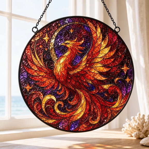 Phoenix Suncatcher Mythical Firebird Stained Glass Window Hanging for Fantasy Home Decor
