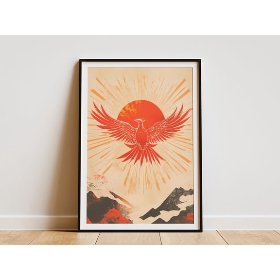 Phoenix Sunrise Poster Mythical Bird Art Print Orange Red Aesthetic Wall Decor Fantasy Creature Celestial Sun Spiritual Gift Paper Print
