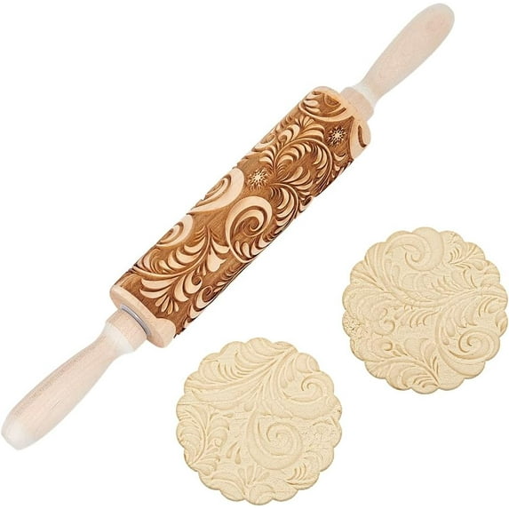 Phoenix Tail Flower Print Wood Rolling Pin Dough Roller for Baking Embossed Cookies Kitchen Tool BurlyWood 350x44.5mm