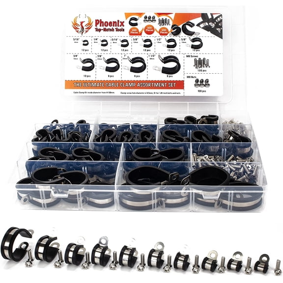 Phoenix Top-Notch Tools 100pcs Black Assortment Kit Rubber Insulated Cushion Cable Clamps 10 Sizes