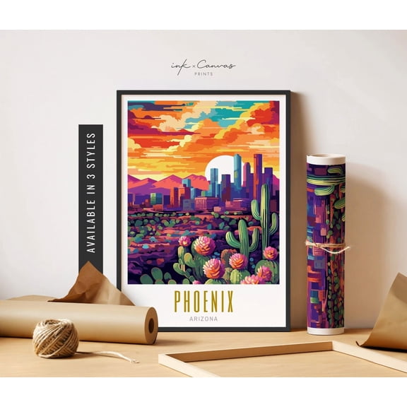 Phoenix Wall Art Arizona Artwork Desert Art Phoenix Skyline Print Retro Phoenix AZ Art City Print Travel Art Art, Unframed Poster Size 16x24