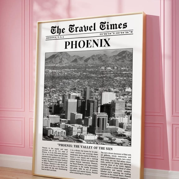 Phoenix Wall Art Arizona Trendy Newspaper Print Black and White Art USA Arizona Wall Art Retro Phoenix Poster Girl Dorm Room Decor