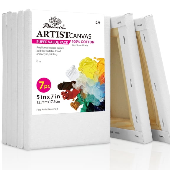Phoenix White Stretched Canvas 5x7 inch / 7 Pack 100% Cotton Easy Hanging Blank Painting Canvas for Adults & Kids Acrylic Oil Pastels Painting & Sketch Surface