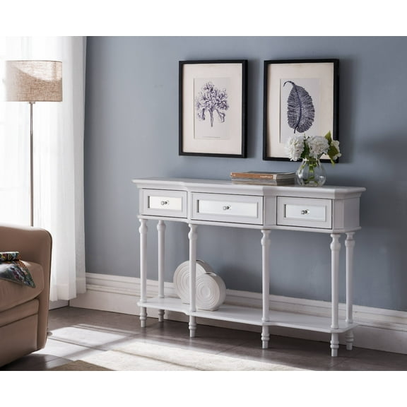 Phoenix White Wood Contemporary Storage Console Table with Drawers & Open Shelf