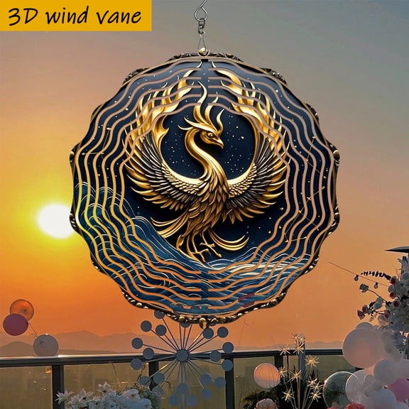 Phoenix Wind Spinner Golden 10 Inch Metal Art Soaring Over Stars Rotating Outdoor Garden Decor Easy Install Holiday Gift for Christmas Halloween, Mythical Bird Ornament