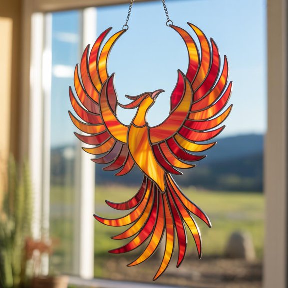 Phoenix Wings Acrylic Suncatcher Window Hanging, Single-Sided UV Printed Faux Stained Glass, Firebird Fantasy Sun Catcher, Mystical Christmas Decor