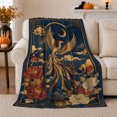 thumbnail image 1 of Phoenix crescent moon peony flowers navy Flannel Blanket for bedroom reading nook Asian inspired Home Decor gold cloud ornate garden panel art Gift for bird lovers, 1 of 9