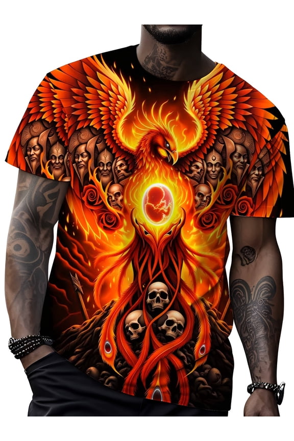 Phoenix flame T-shirt, black firebird skull demon pattern print men's casual street party clothing