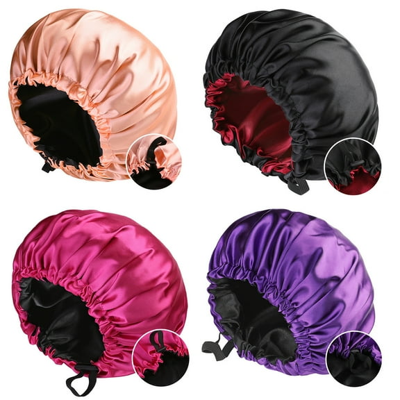 Phogary 4 Pack Double Layer Waterproof Silk Bonnet, Adjustable Satin Hair Night Caps, Head Wraps for Women Sleeping Shower Long Hair, Curly Hair