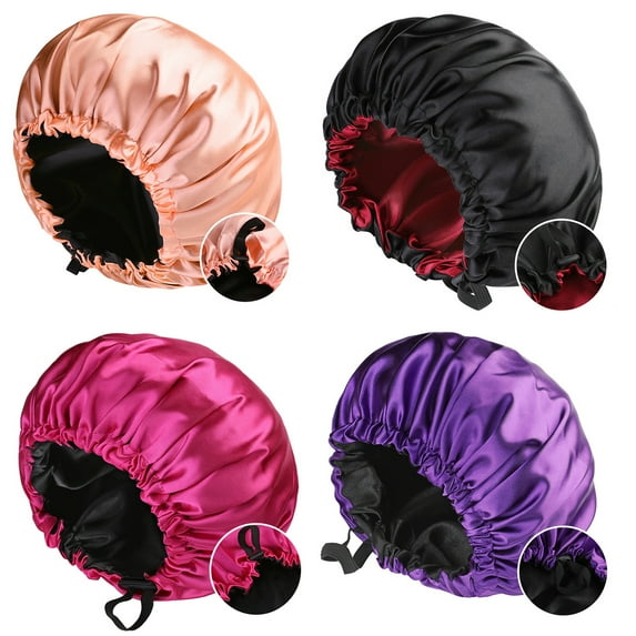 Phogary 4 Pack Double Layer Waterproof Silk Bonnet, Adjustable Satin Hair Night Caps, Head Wraps for Women Sleeping Shower Long Hair, Curly Hair