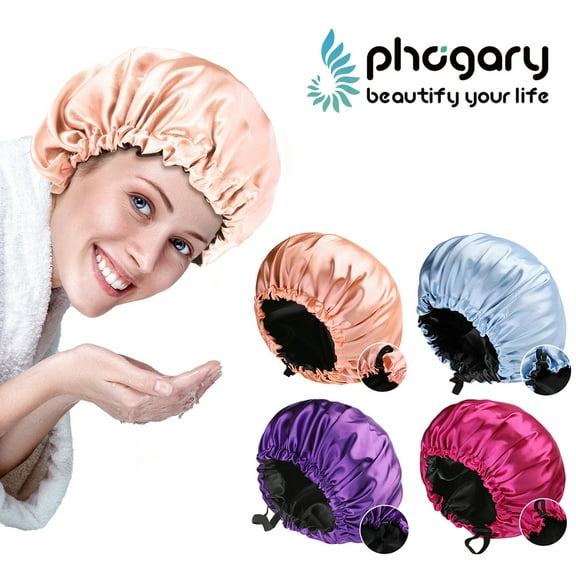Phogary 4 Pack Double Layer Waterproof Silk Bonnet, Adjustable Satin Hair Night Caps, Head Wraps for Women Sleeping Shower Long Hair, Curly Hair