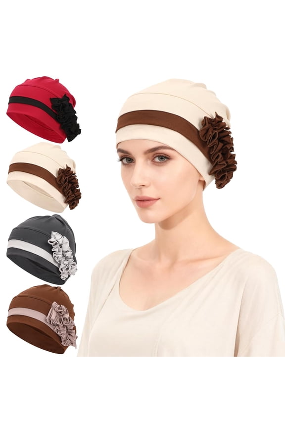 4 Pieces Cotton Chemo Turban Headwear, Soft Cancer Headwear Elastic Chemo Hats Sleep Head Scarf for Women with Hair Loss Turbans Cap Beanie Hat, 4 Colors Black, red, brown, beige