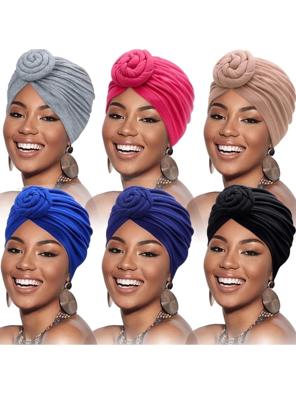 6 Pack African Head Wrap Headbands for Women Turbans Hair Wraps Pre-Tied Pattern Bonnet Turban Knot Beanie Cover Hat