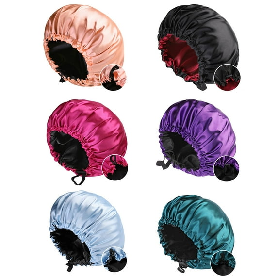Phogary 6 Pack Double Layer Waterproof Silk Bonnet, Adjustable Satin Hair Night Caps, Head Wraps for Women Sleeping Shower Long Hair, Curly Hair