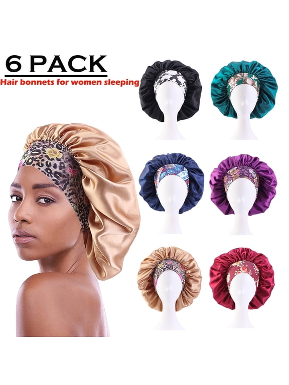 6 Pack Hair Bonnets for Women, Satin Hair Bonnet for Sleeping, Silk Bonnet for Curly Hair, Satin Bonnet for Black Women Big Capacity