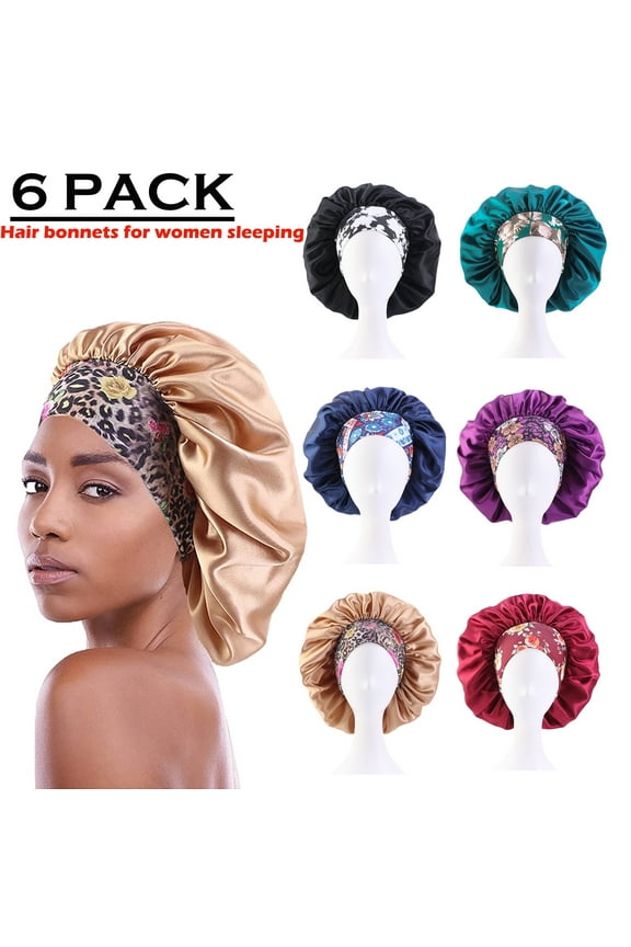 6 Pack Hair Bonnets for Women, Satin Hair Bonnet for Sleeping, Silk Bonnet for Curly Hair, Satin Bonnet for Black Women Big Capacity