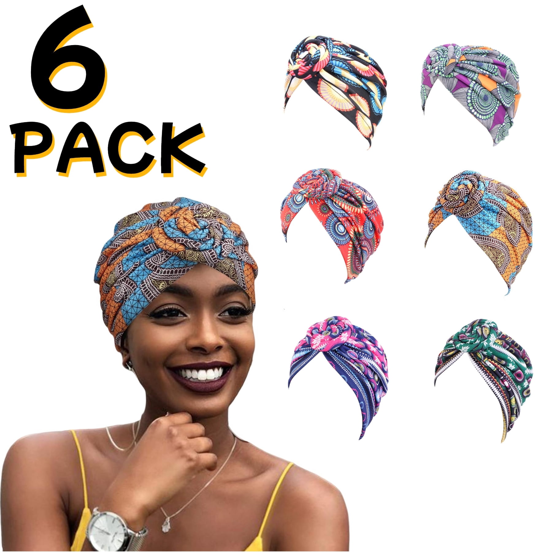 Phogary 6 Pack Women Turbans, African Pattern Knot Headwrap 