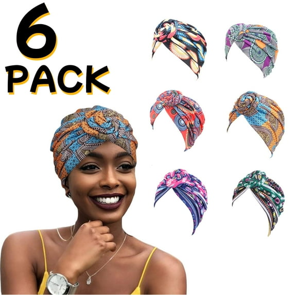 Phogary 6 Pack Women Turbans African Pattern Knot Headwrap Bohemian Print Pre Tied Flower Knot Bonnet Hat for Women Girls