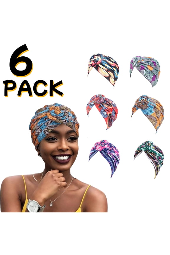 6 Pack Women Turbans African Pattern Knot Headwrap Bohemian Print Pre Tied Flower Knot Bonnet Hat for Women Girls
