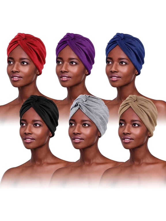 6 Packs Cotton Turbans for Women Pre-Tied Knot Beanie Hats, Set of 6