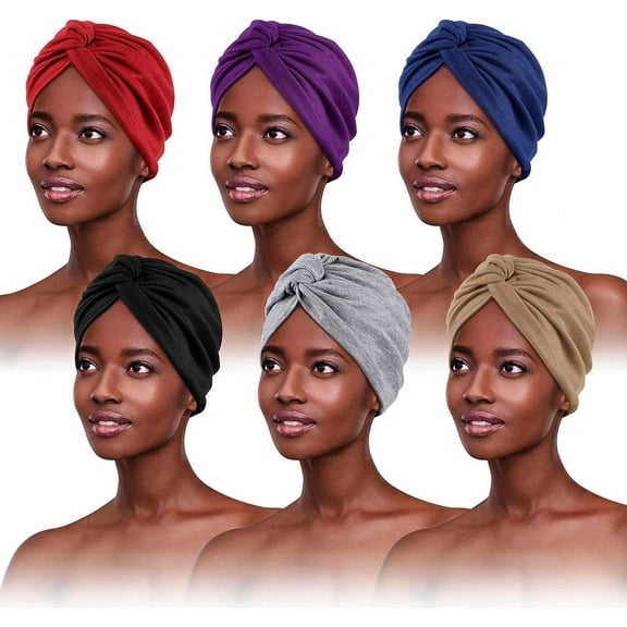 Phogary 6 Packs Cotton Turbans for Women Pre-Tied Knot Beanie Hats, Set of 6