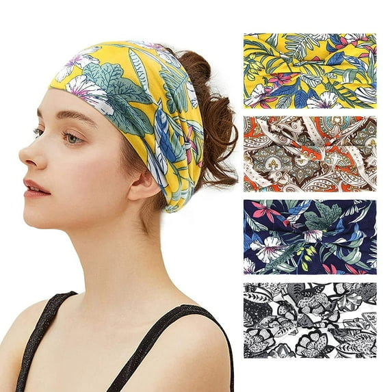 Phogary Wide Boho Floral Elastic Sports Sweatbands, (Sets of 4)