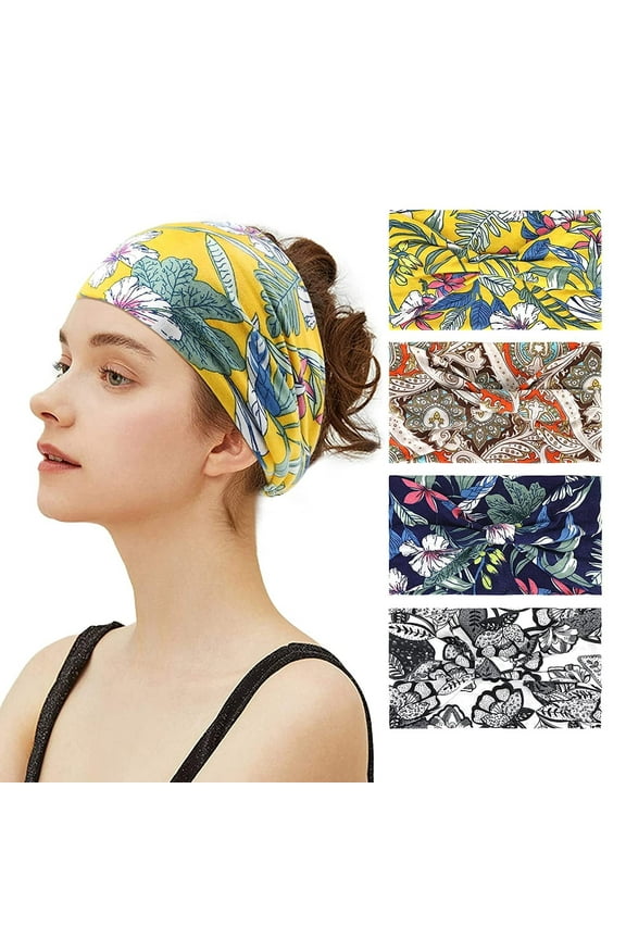 Wide Boho Floral Elastic Sports Sweatbands, (Sets of 4)