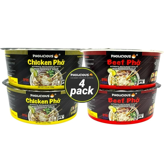 Pholicious Instant Pho Variety Pack, Vietnamese Rice Noodle Soup, 4 Count Combo Box, 2 Chicken & 2 Beef Single Serve 3.6 Ounce Bowls, Ramen Alternative & Fresh Ingredients, As Seen on Shark Tank