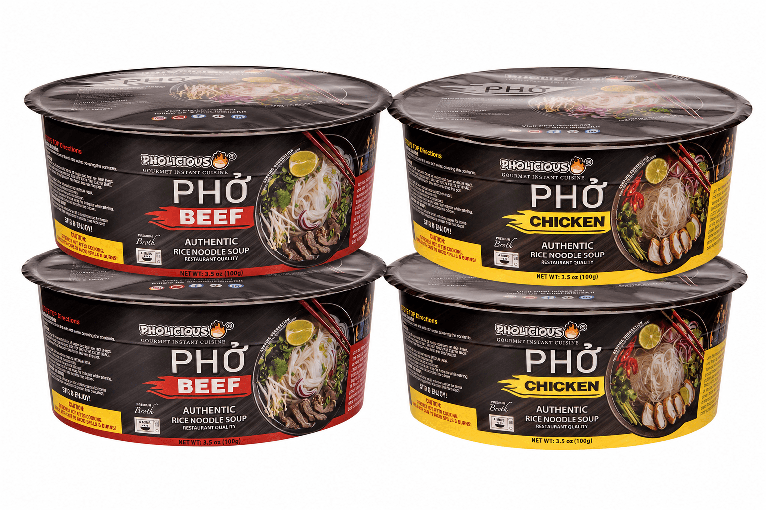 Pholicious Instant Pho Variety Pack, Vietnamese Rice Noodle Soup, 4 Count Combo Box, 2 Chicken &amp; 2 Beef Single Serve 3.6 Ounce Bowls, Ramen Alternative &amp; Fresh Ingredients, As Seen on Shark Tank