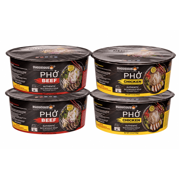 Pholicious Instant Pho Variety Pack, Vietnamese Rice Noodle Soup, 4 Count Combo Box, 2 Chicken & 2 Beef Single Serve 3.6 Ounce Bowls, Ramen Alternative & Fresh Ingredients, As Seen on Shark Tank