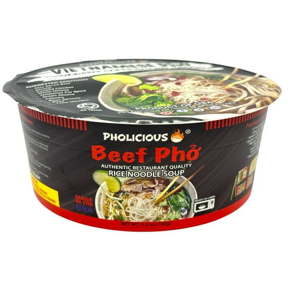 Pholicious Instant Beef Pho, Vietnamese Rice Noodle Soup, Single Serve 3.6 Ounce Bowls, Ramen Alternative & Fresh Ingredients, As Seen on Shark Tank