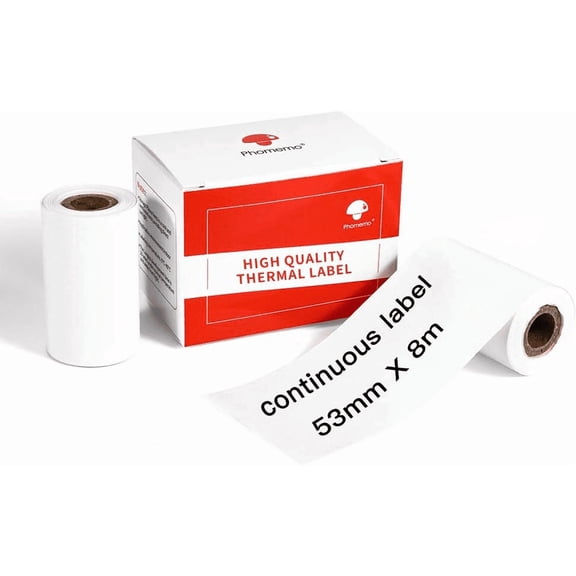 Phomemo 2 Rolls Thermal Continuous Label Paper, 53mm Thermal Continuous Paper, 53mm*8m, Compatible with Phommeo M200 Label Printer, Suitable for Office, Bills, 8m/roll