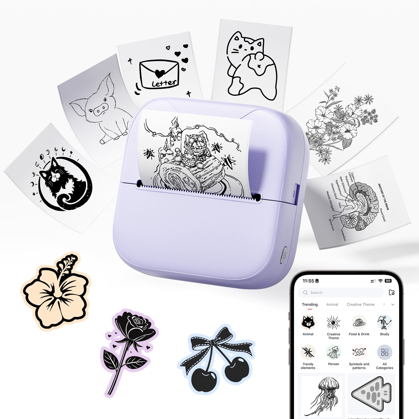 Phomemo-W Phomemo A021 Pocket Label Maker, Mini Sticker Printer , Bluetooth Thermal Photo Picture Printer for Notes, Gifts, Journals, Planners, Scrapbooking, and Creative Projects(Purple)