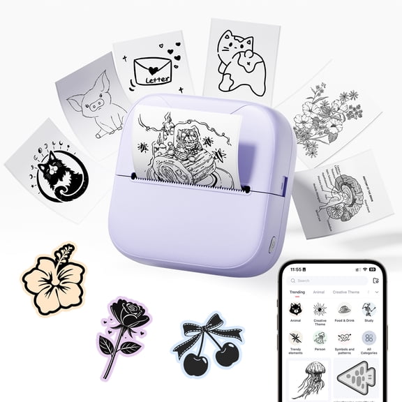 Phomemo A021 Pocket Label Maker, Mini Sticker Printer with 3 Rolls Stickers, Bluetooth Thermal Photo Picture Printer for Notes, Gifts, Journals, Planners, Scrapbooking, and Creative Projects(Purple)
