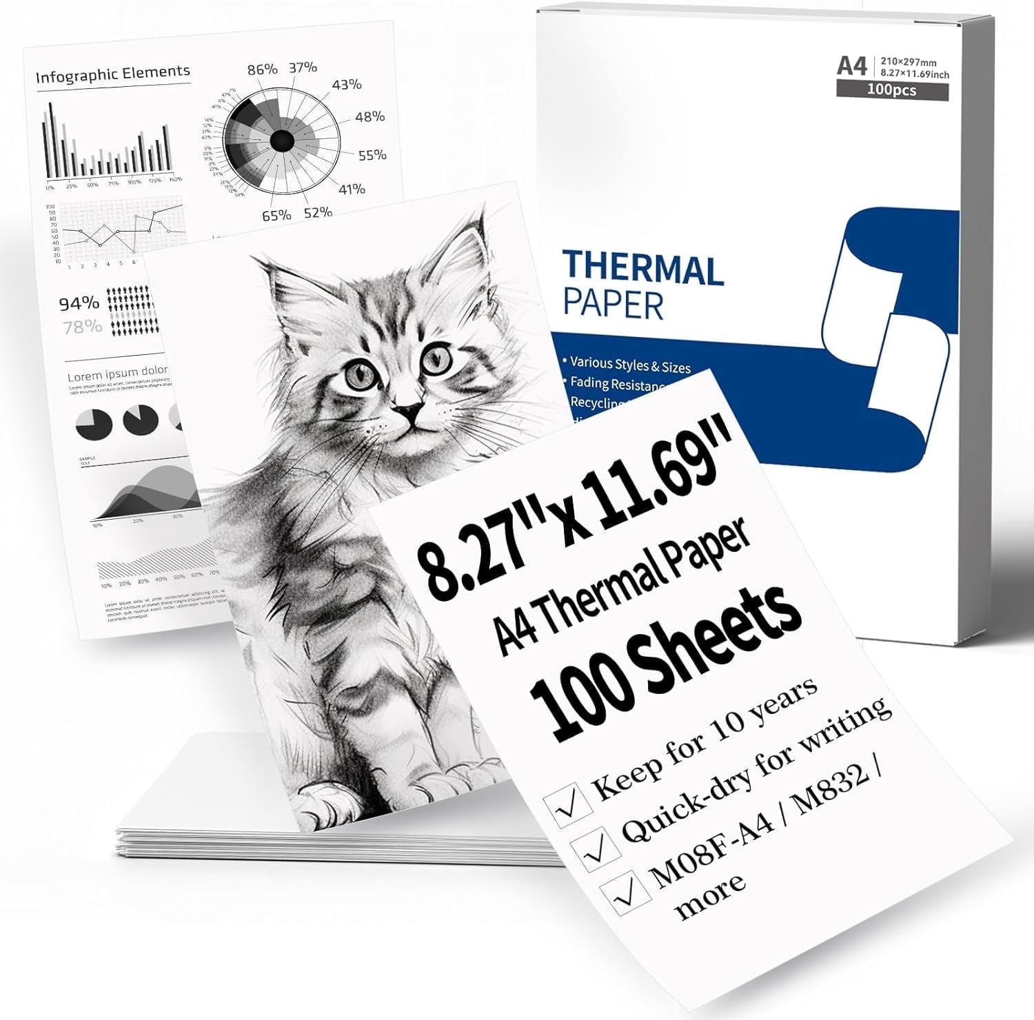 Phomemo A4 Printer Paper, White Thermal Paper Compatible with M08F/M832/M833/M834/M835 Portable A4 Thermal Printer, 8.27" x 11.69 "(210 mm x 297 mm), 100 Sheets/Box