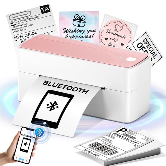 Wuduguer Shipping Label Printer - 241BT 4X6 Wireless Thermal Label Printer, Bluetooth Thermal Label Printers for Small Business, Compatible with iPhone, Android, Amazon, Shopify, UPS（Pink）