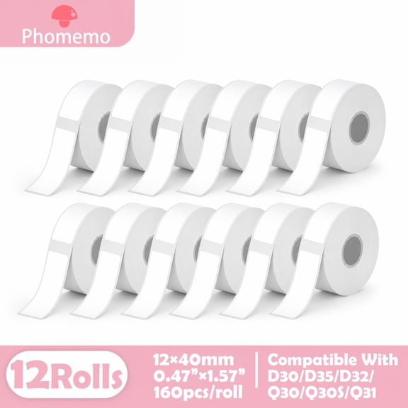Phomemo D30 Label Tape, Black on White Print Premium Labels Refill Name Label, Barcode Sticker Thermal Paper Self-Adhesive 12 Rolls