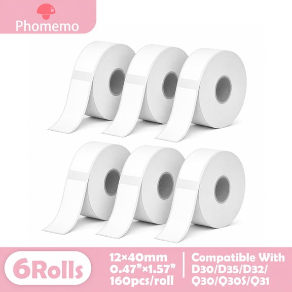 Phomemo D30 Label Tape, Black on White Print Premium Labels Refill Name Label, Barcode Sticker Thermal Paper Self-Adhesive 6 Rolls