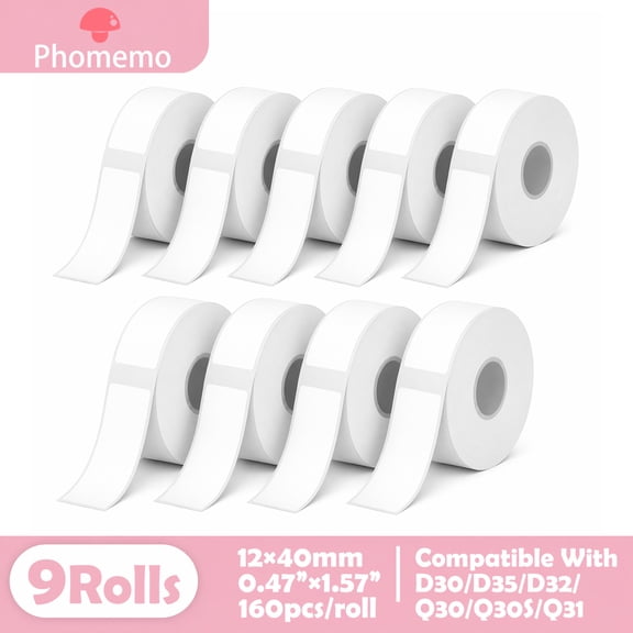 Phomemo D30 Label Tape, Black on White Print Premium Labels Refill Name Label, Barcode Sticker Thermal Paper Self-Adhesive 9 Rolls