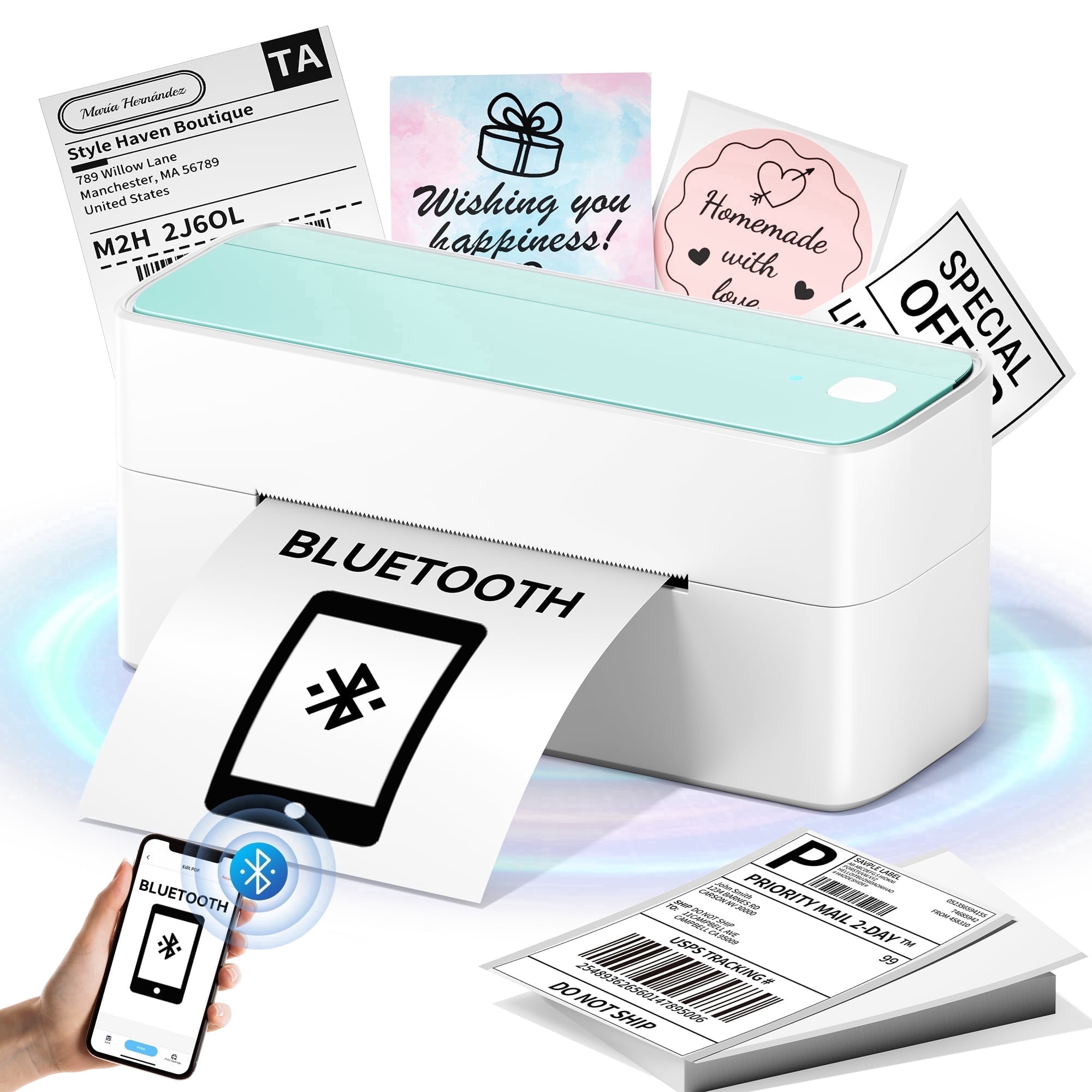 Wuduguer Shipping Label Printer - 241BT 4X6 Wireless Thermal Label Printer, Bluetooth Thermal Label Printers for Small Business, Compatible with iPhone, Android, Amazon, Shopify, UPS（Green）
