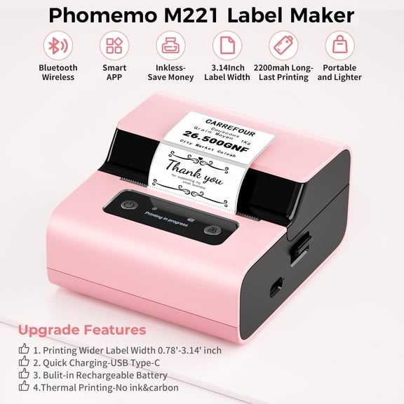 Label Maker- Address Label Printer M221 - 3'' Bluetooth Thermal Label Priner Perfect for Address, Barcode, Crafts, and Small Business - Compatible with Phone and PC(PinkBlack)