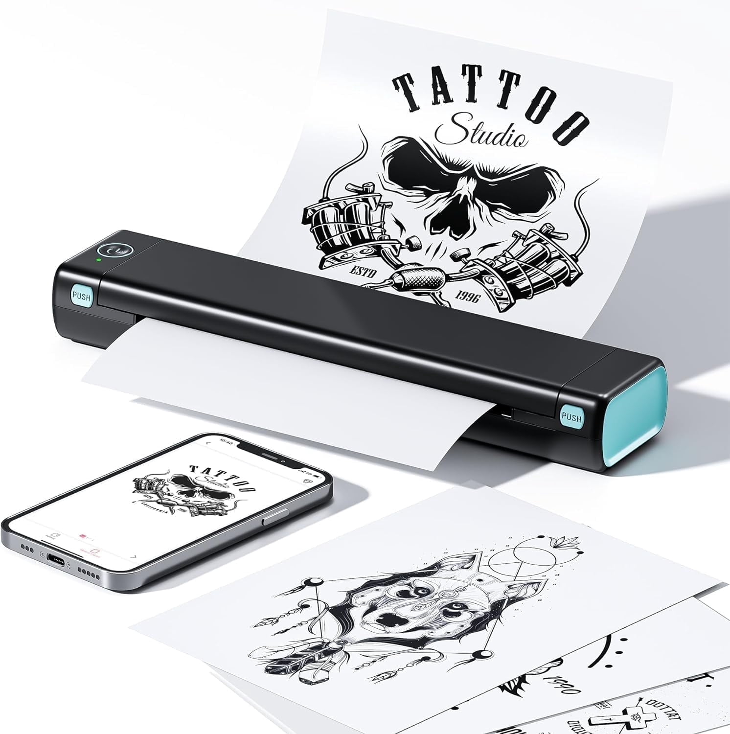 Phomemo M08F Wireless Tattoo Transfer Printer, Thermal Tattoo Machine with 10pcs Free Transfer Paper for Tattoo Artists & Beginners, Compatible with Smartphone & PC, Black & Green