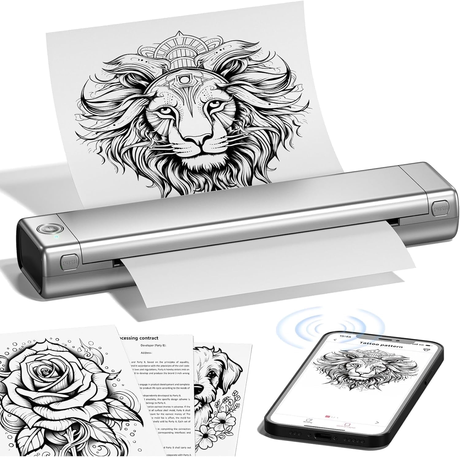 Phomemo M08F Wireless Tattoo Transfer Printer, Thermal Tattoo Machine with 10pcs Free Transfer Paper for Tattoo Artists & Beginners, Compatible with Smartphone & PC, Silver