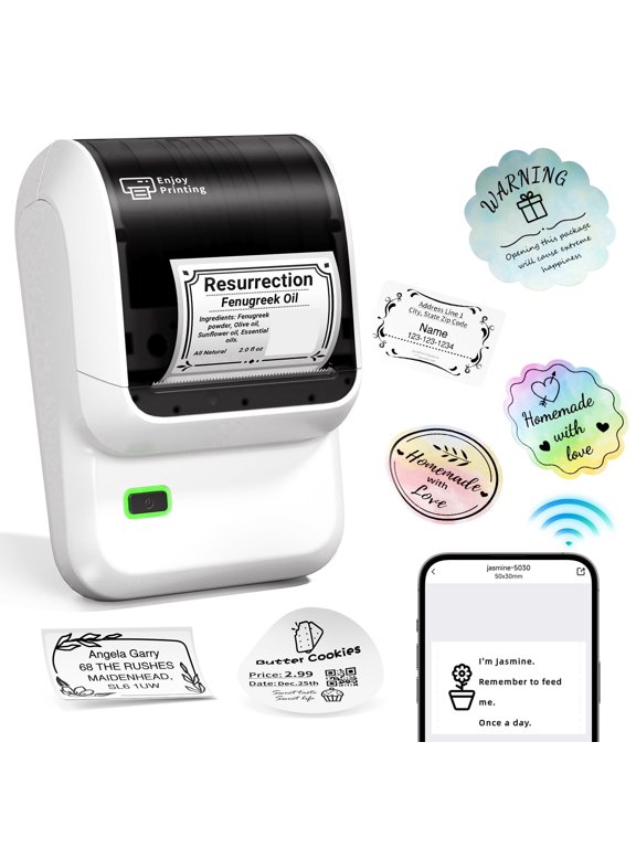M100 Label Maker with 100 Labels,Thermal Bluetooth Label Printer,No Ink 2 inch Barcode Printer with App Control, for Small Business, Clothing Tags,Round Gift Stickers(White)