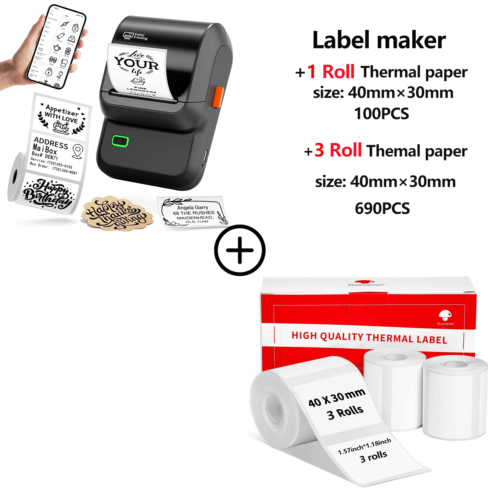 Phomemo M100 Portable Sticker Printer And 4 Roll Paper, Wireless Thermal Label Maker, Easy to Use, Prints 20-50 Mm Wide, for Home Office, School, Storage And Organization （Black）