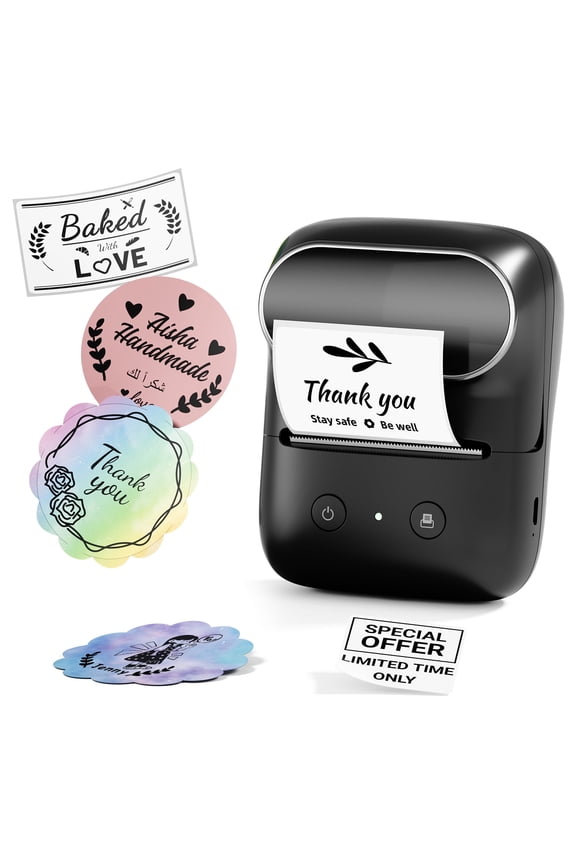 M108 Label Maker with 100 Labels,Thermal Bluetooth Label Printer,2 inch Barcode Printer with App Control, for Small Business, Clothing Tags,Round Gift Stickers(Black)
