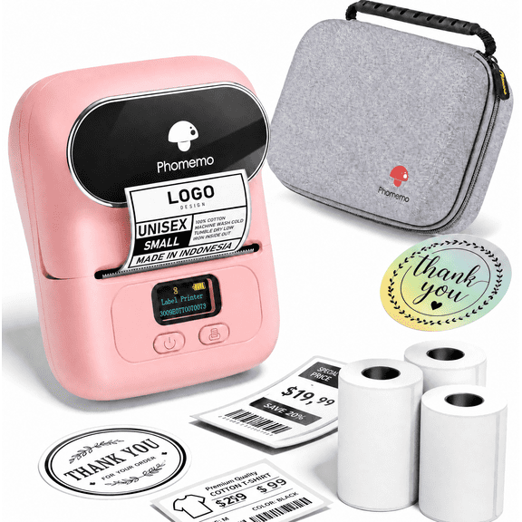 Phomemo M110 Label Maker Machine with 3 Roll Labels and 1 Bag, Bluetooth Barcode Label Printer,Portable Wireless Thermal Printer, for Small Business, Price Tags, Clothing Tags & Mailing(Pink)